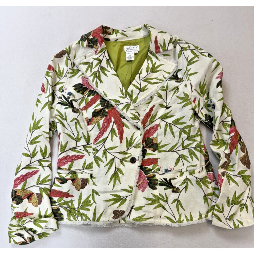 Vintage BoHo Tropical Pring Linen jacket Butterfly Bamboo Floral Size 10 Resort‎ - Picture 2 of 13